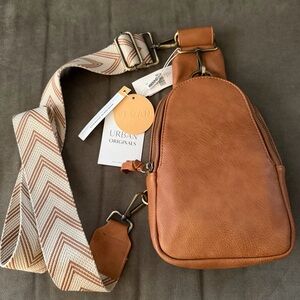 Anthropologie Urban Originals Cognac Vegan Leather Sling Bag with Chevron Strap